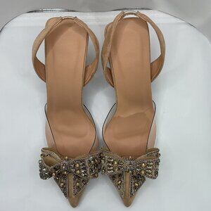 Beige Pointed Toe Slingback Heels SIze 8.5  With Rhinestone Bow Embellishments